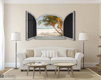 Decoración de impresión de metal de vista de la ventana de las palmas y de la playa lista para colgar