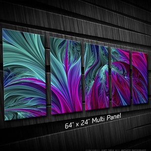 Może przedstawiać: Abstrakcyjny wielopanelowy dekor ścienny ze spiralnymi kolorami turkusowym, fioletowym i r&oacute;żowym. Panele mają wymiary 162,5 cm na 61 cm.