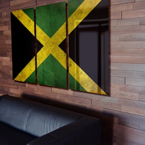 Triptych Jamaica Flag hanging Rustic Worn Metal Wall Art Grunge