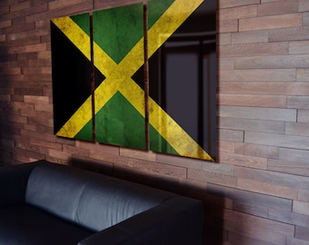 Triptych Jamaica Flag hanging Rustic Worn Metal Wall Art Grunge