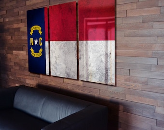 Triptych North Carolina State Flag hanging Rustic Worn Metal Wall Art Grunge