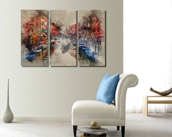 Venice Watercolor Artwork Wall Art Triptych 3 Panel Ready to Hang