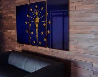 Triptych Indiana State Flag hanging Rustic Worn Metal Wall Art Grunge