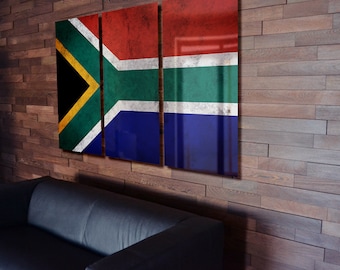 Triptych South Africa Flag hanging Rustic Worn Metal Wall Art Grunge