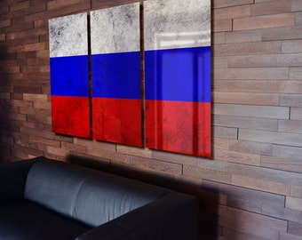 Tríptico Bandera rusa colgando Rústico Desgastado Pared de Metal Arte Grunge
