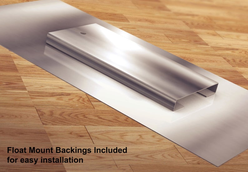 Może przedstawiać: Srebrna metalowa rama z białym tłem. Rama jest zaprojektowana tak, aby obraz unosił się na ścianie. Tekst "Float Mount Backings Included for easy installation" jest widoczny u dołu obrazu.