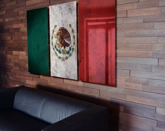 Tríptico Bandera de México colgando Rústico Desgastado Pared de Metal Art Grunge