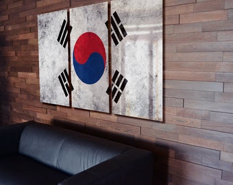 Triptych South Korea Flag hanging Rustic Worn Metal Wall Art Grunge