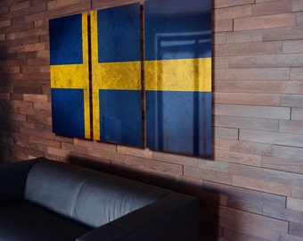 Tríptico Suecia Bandera colgante Rústico Desgastado Pared De metal Arte Grunge