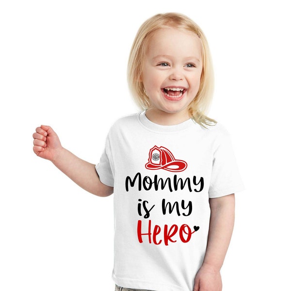 Mommy is My Hero Firefighter Toddler T-Shirt or Baby Outfit, Fireman Firewoman Gift Childrens Tshirt, Kids Infant Boy Girl Shirt Bodysuit