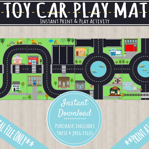 Toy Car Play Mat | INSTANT PRINTABLE DOWNLOAD | Kids Road Map Town | Hot Wheels MatchBox Car Race Track | Community Town Game