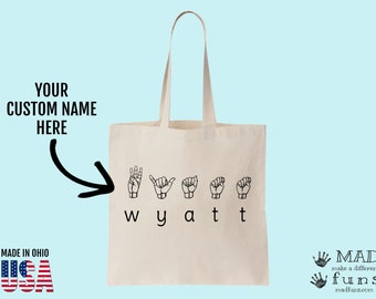Gepersonaliseerde Amerikaanse gebarentaal naam tote bag | ASL Fingerspelling Naam Bookbag School Canvas Bag | Aangepaste ASL-tolk leraar cadeau