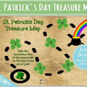 May include: St. Patrick's Day treasure map with a brown parchment background. The map features a path marked with black footprints, leading from a leprechaun hat to a pot of gold under a rainbow, with shamrocks marking the way. Text includes "St. Patrick's Day Treasure Map."