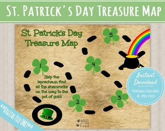 St. Patrick's Day-schatkaart | DIRECT AFDRUKBARE DOWNLOAD| Klaver, Pot met goud, Regenboogspeurtocht| St Patricks Day Kabouteraanwijzingen