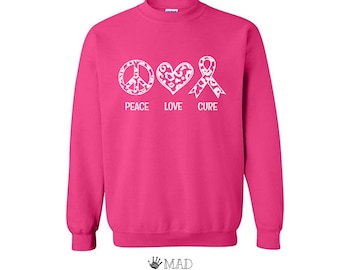 Peace Love Cure Cancer Awareness Sweatshirt | Pink Leopard Print Ribbon | Adult or Toddler | Breast Cancer Support Gift Survivor Fighter