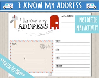 May include: A printable worksheet for kids to practice writing their address. The worksheet features a mailbox, a red post office box, and a postcard with lines for writing the address. The text "I know my address" is at the top of the page. The text "Post Office Play Activity!" is at the top right of the page.