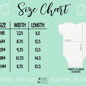 May include: Size chart for infant baby rib bodysuit in sizes NB, 6M, 12M, 18M, and 24M. The chart shows the width and length in inches for each size.