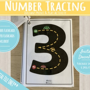 Number Tracing Flashcards | Learn Numbers with Cars and Roads | INSTANT PRINTABLE DOWNLOAD | Preschool Kindergarten Toddler Activities