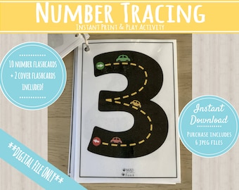 May include: A printable number tracing activity featuring the number 3. The number is outlined in black with a yellow dashed line. There are small yellow cars with green, red, and white accents driving along the path. The text "Instant Download" and "Purchase Includes 6 JPEG Files" is also included.