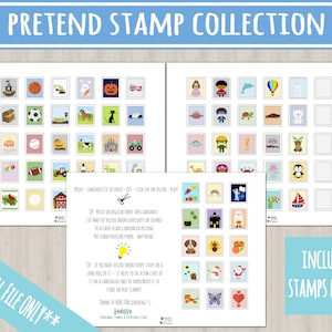 May include: A digital pretend stamp collection with 75 stamps for play. The stamps feature various colourful illustrations, including a Statue of Liberty, a soccer ball, a princess, and a rainbow. The text "PRETEND STAMP COLLECTION" is at the top.