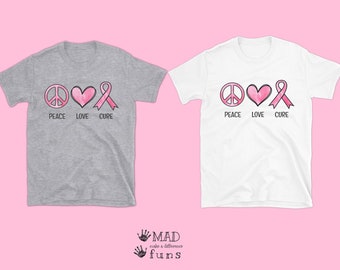 Peace Love Cure Cancer Awareness Pink Ribbon | White or Gray Adult, Toddler Shirt, Baby Outfit | Breast Cancer Support Gift Survivor Fighter