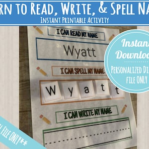 Learn to Read, Spell and Write Name Printable Activity, PERSONALIZED and INSTANT DOWNLOAD for preschool, kindergarten, homeschool!