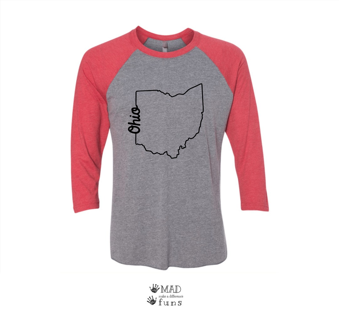 Script Ohio Outline 3/4 Sleeve Red Gray Raglan Shirt | the Buckeye