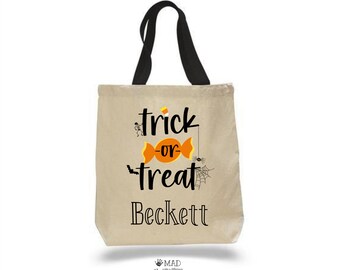 Trick or Treat Canvas Tote Bag, Customized Halloween Candy Bag, Kids Costume, Personalized Candy Bag Parade with Name, Halloween Bucket