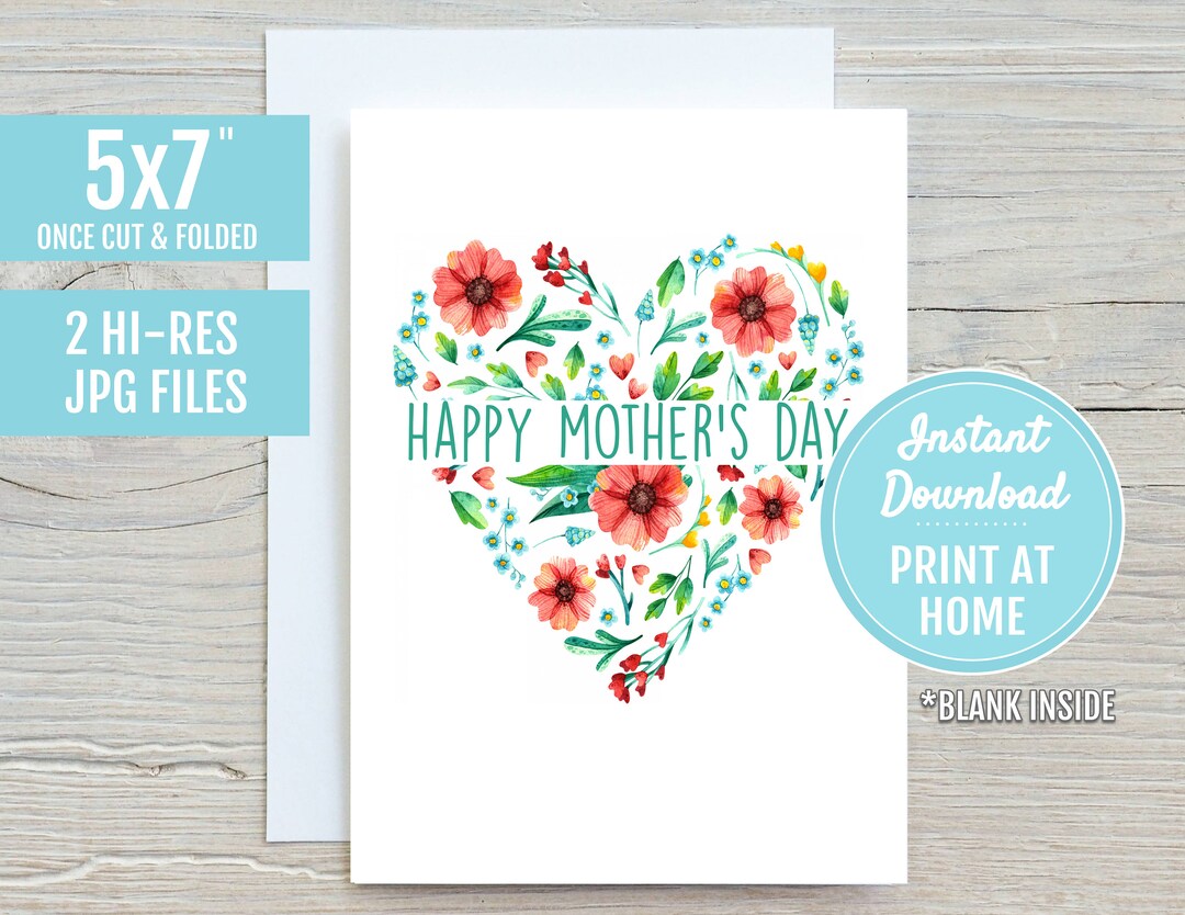 Happy Mothers Day Heart Flowers 5x7 Printable Greeting Card | DIGITAL ...