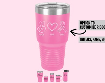 Customized Peace Love Cure Breast Cancer Awareness Laser Engraved Tumbler Gift | Pink Stainless Steel Insulated Wine Coffee Cup Water Bottle