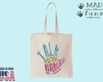 ASL 啓発トートバッグ、Talk to the Hand キャンバストートバッグ、アメリカ手話、聴覚障害者啓発、手話ギフト、通訳ギフト、ASDC