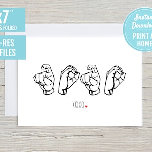 Xoxo Vinger Spelling ASL Gebarentaal 5x7 Afdrukbare Wenskaart | DIGITALE DOWNLOAD | Valentijnsdag Cadeau Liefde Dove Tolk Leraar