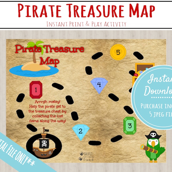 Pirate Treasure Map Activity |INSTANT PRINTABLE DOWNLOAD| Scavenger Hunt Game|Pirate Party Clues|Preschool Kindergarten Toddler Activities