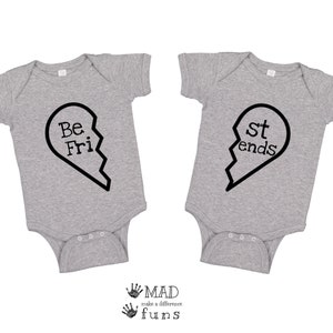 Best Friends Heart TWIN Baby Outfit BFF Heart New Baby Twins Gift Funny Twin Parents Gift Cute Mom Twin Dad Present White or Gray image 1