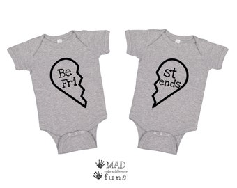 Best Friends Heart TWIN Baby Outfit | BFF Heart | New Baby Twins Gift | Funny Twin Parents Gift | Cute Mom Twin Dad Present | White or Gray