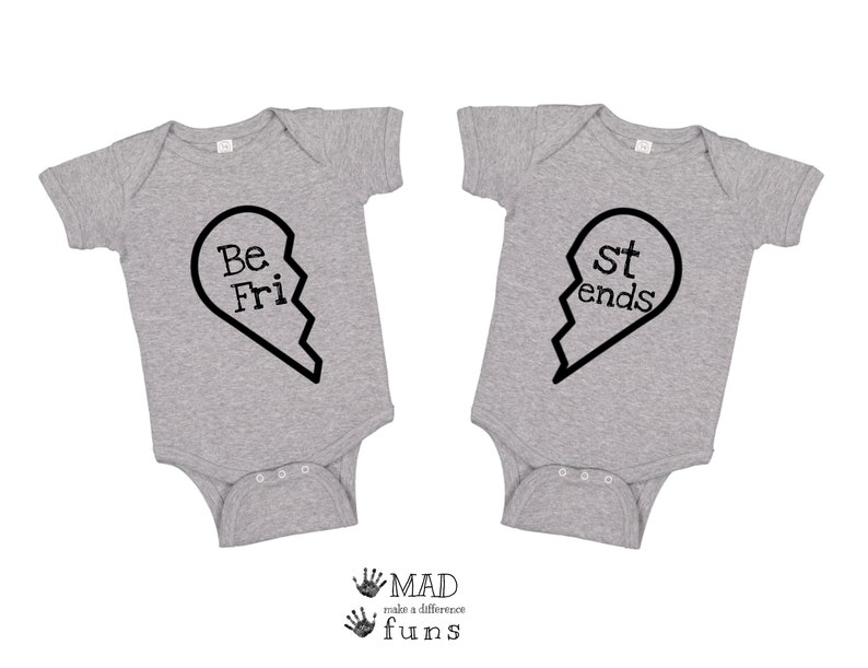 Best Friends Heart TWIN Baby Outfit BFF Heart New Baby Twins Gift Funny Twin Parents Gift Cute Mom Twin Dad Present White or Gray image 1