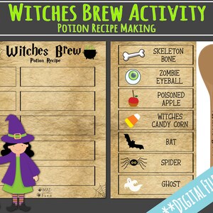 Puede incluir: Actividad de Halloween imprimible para niños. Una bruja con una escoba se encuentra junto a una hoja de receta de poción. La hoja tiene líneas en blanco para los ingredientes. En el lado derecho de la hoja hay imágenes de artículos de Halloween como un hueso de esqueleto, un globo ocular de zombi, una manzana envenenada, maíz dulce de bruja, un murciélago, una araña y un fantasma. El texto "Witches Brew" está en la parte superior de la hoja.