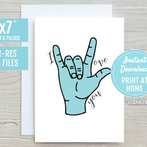 I Love You Teal ASL Sign Language Hand Symbol 5x7 Printable Greeting Card | DIGITAL DOWNLOAD | Valentine&#39;s Day Gift Friend Deaf Interpreter