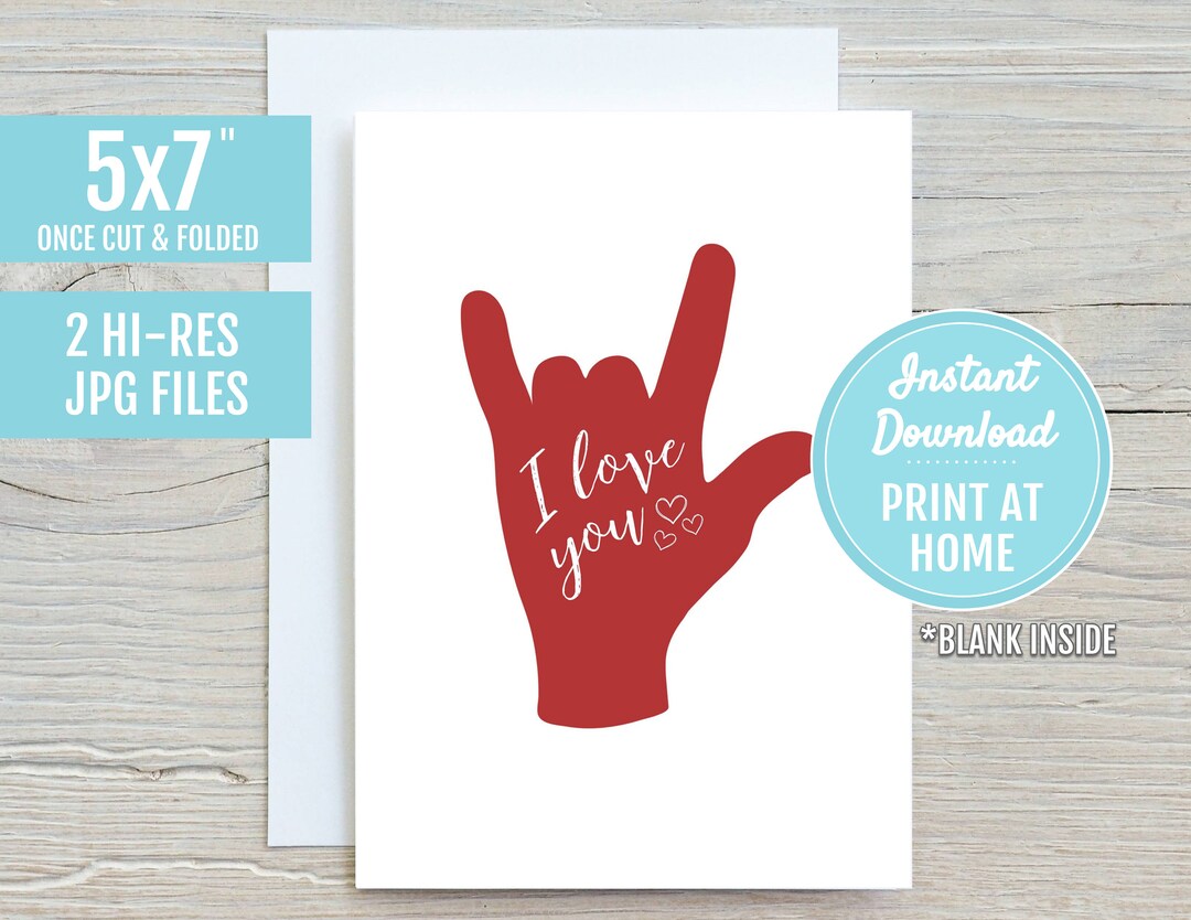 I Love You Red ASL Sign Language Hand Symbol 5x7 Printable Greeting ...