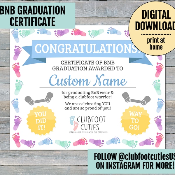 Boots-n-Bar Graduation Certificate DIGITAL DOWNLOAD | Clubfoot Cuties BNB Graduate Gift | Clubfoot Baby Boots | Ponseti| Graduation Party