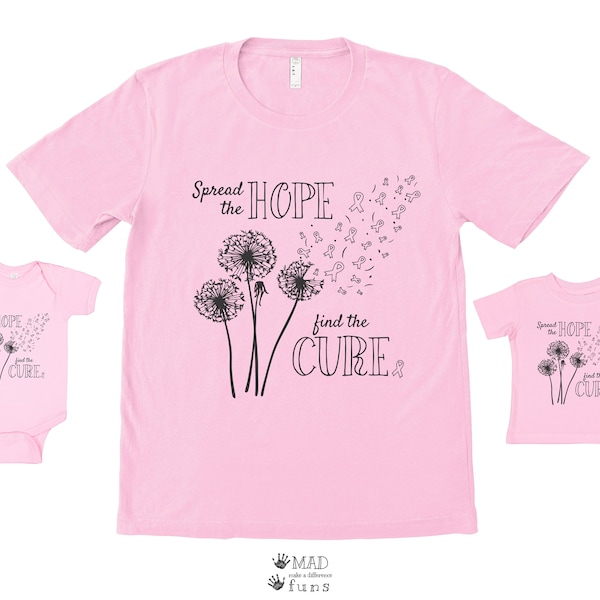 Spread The Hope Find The Cure Breast Cancer Awareness Ribbon | Light or Dark Pink Shirt, Baby Outfit | Dandelion Wish Survivor Fighter Gift