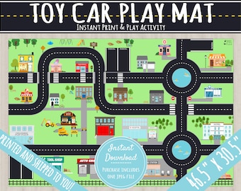 Personalized Toy Car Play Mat Large Size 46.5 x 30.5 inches Poster Print | Kids Road Map Town | Hot Wheels MatchBox Car Race Track Game