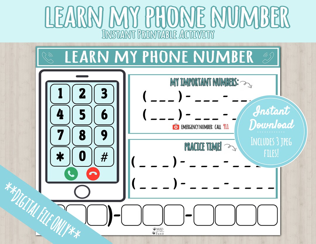 Learn Phone Number Printable Activity About Me Busy Binder Phone Practice Worksheet INSTANT