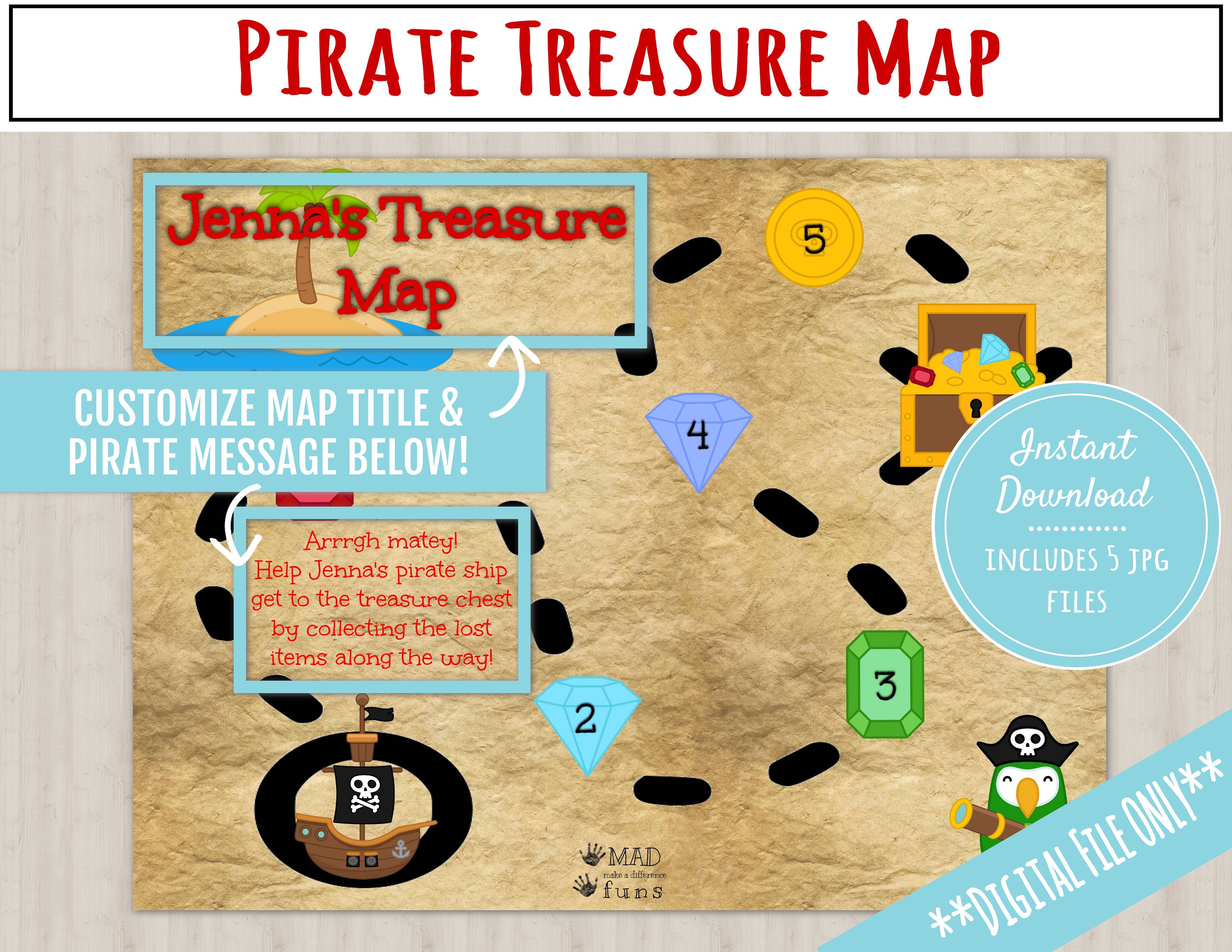 Customized Pirate Treasure Map Activity | PRINTABLE Scavenger Hunt Game | Pirate Party Clues | Preschool Kindergarten Toddler Activities