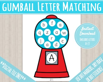 May include: A printable worksheet for letter matching featuring a red and blue gumball machine with letters inside. The text "Gumball Letter Matching" is at the top of the page. The text "Instant Download" is in a blue circle. The text "Includes Letters A-Z!" is below the blue circle. The text "Use dot markers, dry erase, or dot stickers!" is at the bottom of the page.