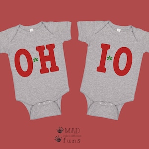 OHIO Twins Baby Outfit Toddler Shirt | OH-IO Sibling TShirts | New Baby | Funny New Parents Gift | Brother Sister Matching Scarlet and Gray