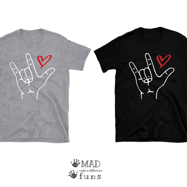 I Love You Heart ASL American Sign Language Shirt, Adult T-Shirt Gray or Black | Teacher Interpreter Awareness Gift |