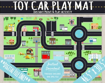 Speelgoedauto speelmat groot formaat 46,5 x 30,5 inch | DIRECT DOWNLOADEN | Kinderroutekaart Stad| Hot Wheels MatchBox autoracebaan | Stadsspel