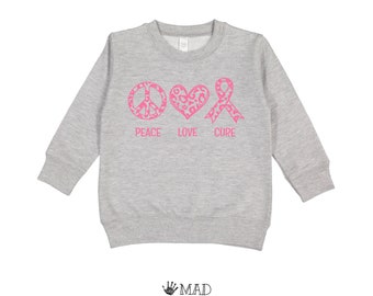 Peace Love Cure Cancer Awareness Sweatshirt | Pink Leopard Ribbon | Gray, Adult or Toddler | Breast Cancer Support Gift Survivor Fighter