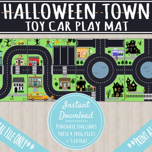 Speelgoedautospeelkleed Halloween Town | DIRECT AFDRUKBARE DOWNLOAD | Wegenkaart voor kinderen | Hot Wheels MatchBox autoracebaan | Activiteit personagegame